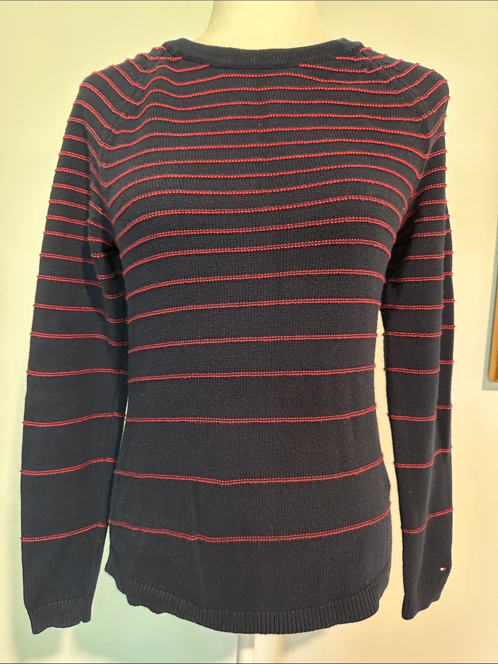 NWOT- Tommy Hilfiger Dark Navy Crewneck Sweater with Thin Red Stripes